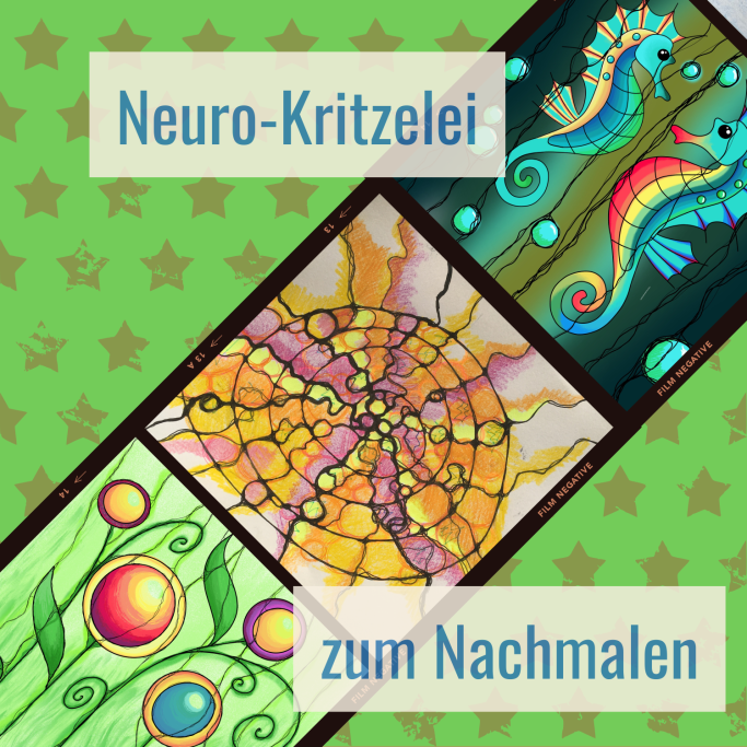 Bunte, abstrakte Zeichnungen mit Meeresmotiven und geometrischen Mustern.